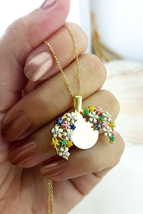 925 Ayar Gümüş Açılan İsimli Gold Çiçek Kolye