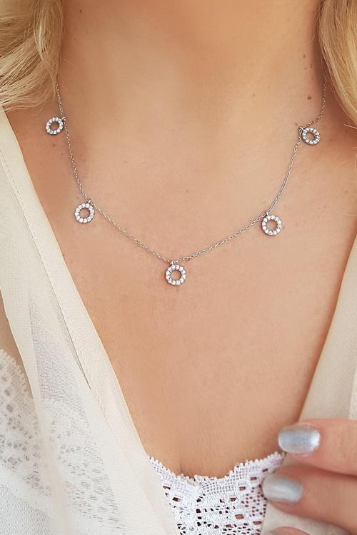 925 Ayar Gümüş Beyaz Taşlı Yuvarlak Kolye