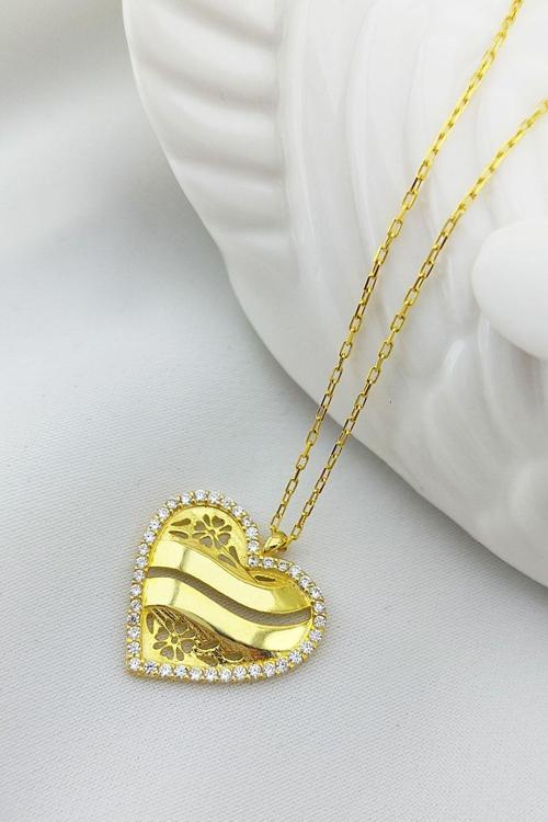 925 Ayar Gümüş Çiçekli Kalp Kolye