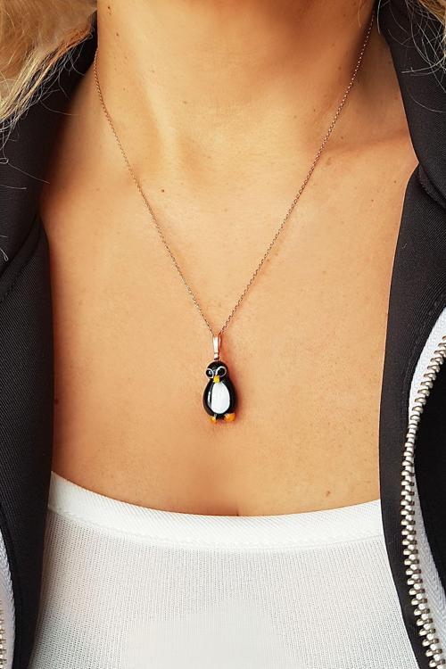 El Yapımı Murano Camı Penguen Gümüş Kolye