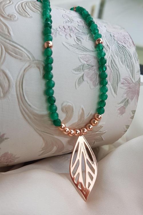 Kadın 925 Ayar Gümüş Hematit Ve Jade Taşlı Yaprak Kolye   T036