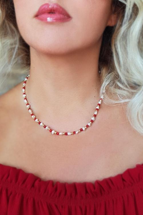 Kadın İnci Mercan Hematit Taşlı Gümüş Kolye T031