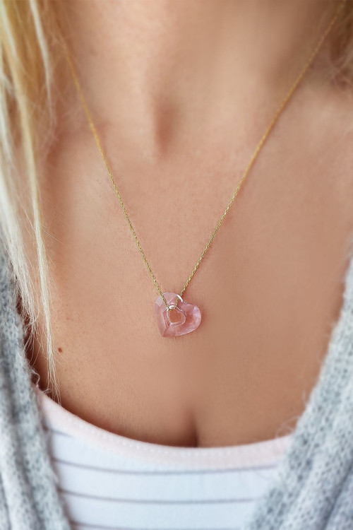 Pembe Taşlı Kalp Gümüş Kolye