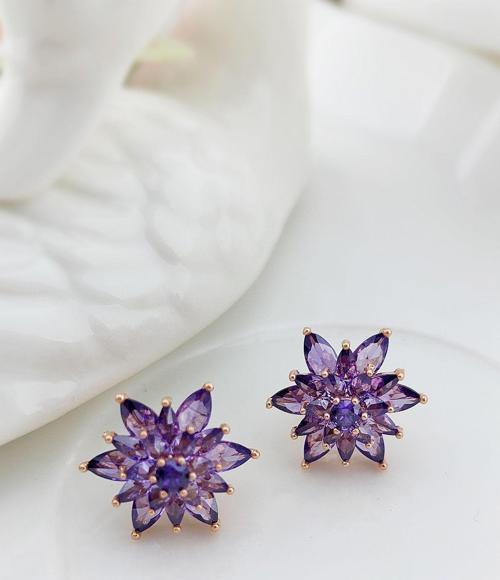 925 Ayar Gümüş Mor Taşlı Lotus Çiçeği Küpe