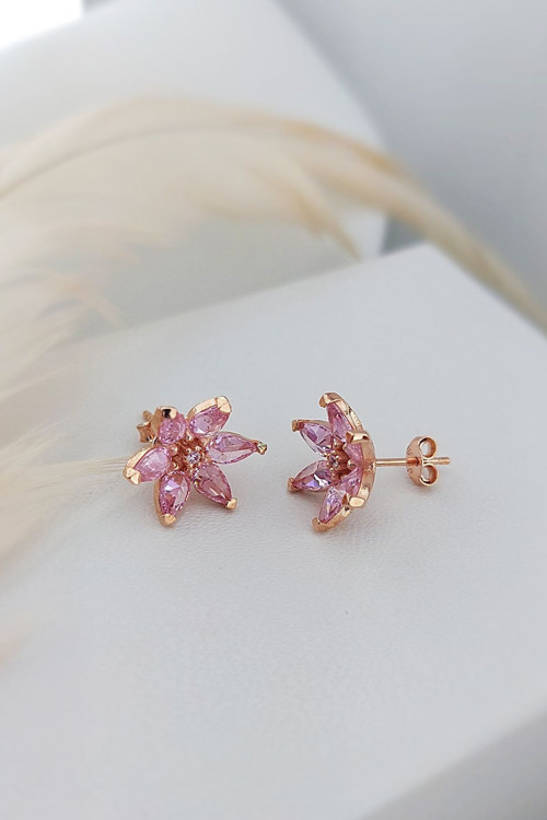 925 Ayar Gümüş Pembe Taşlı Lotus Çiçeği Küpe