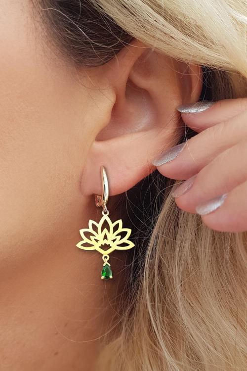 925 Ayar Gümüş Yeşil Damla Taşlı Lotus Çiçeği Küpe