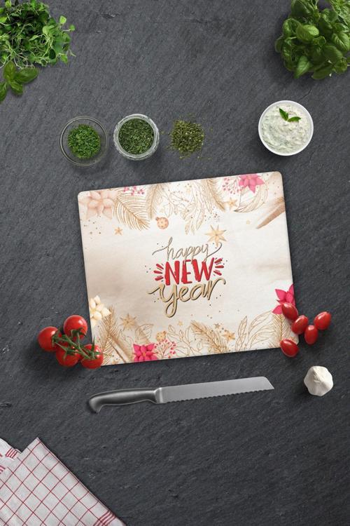 Cam Kesme Tahtası - Cam Kesme Tablası | Happy New Year - Gold | 29cm x 34cm