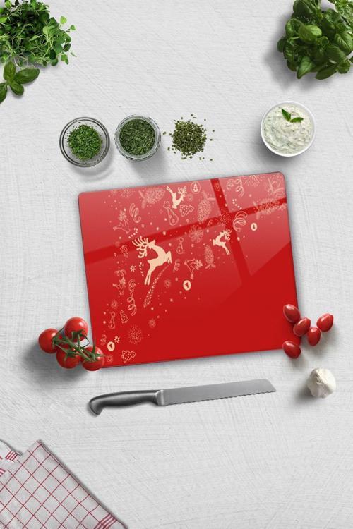 Cam Kesme Tahtası - Cam Kesme Tablası | Yeni Yıl Kırmızı | 29cm x 34cm