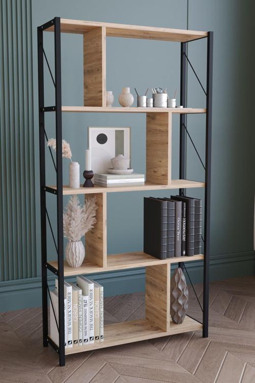 5 Raflı Metal Large Kitaplık Dekoratif Kitaplık Meşe
