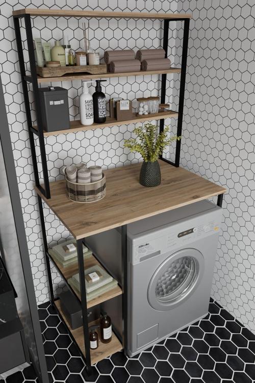 Çamaşır Makinesı Dolabı Çamaşır Makinesı Üstü Çok Raflı Düzenleyici Metal Banyo Dolabı Meşe