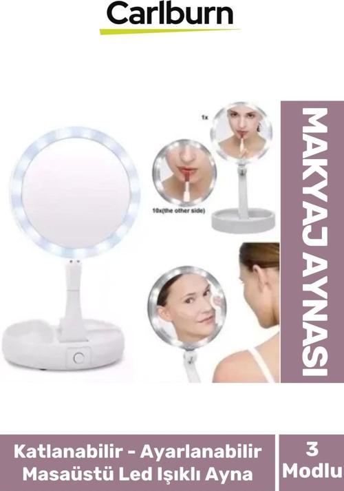 Katlanabilir 3 Modlu Ayarlanabilir Masaüstü Mini Cep Boyu Açılı Piili Led Işıklı Beyaz Makyaj Ayna