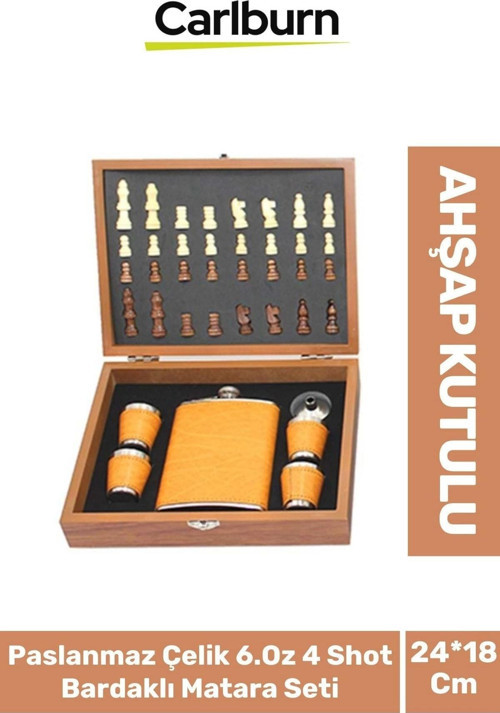 Premium Paslanmaz Çelik 8.Oz 4 Shot Bardaklı Ahşap Kutulu Satrançlı Alkol Deri Matara Seti 24*18 Cm