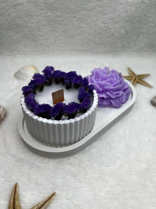 Mum&Biblo Gerçek Statis Çiçeği Şakayık  Doğal Soya Wax Ahşap Fitil Doğal Taş Tozu Biblo&Mum Set