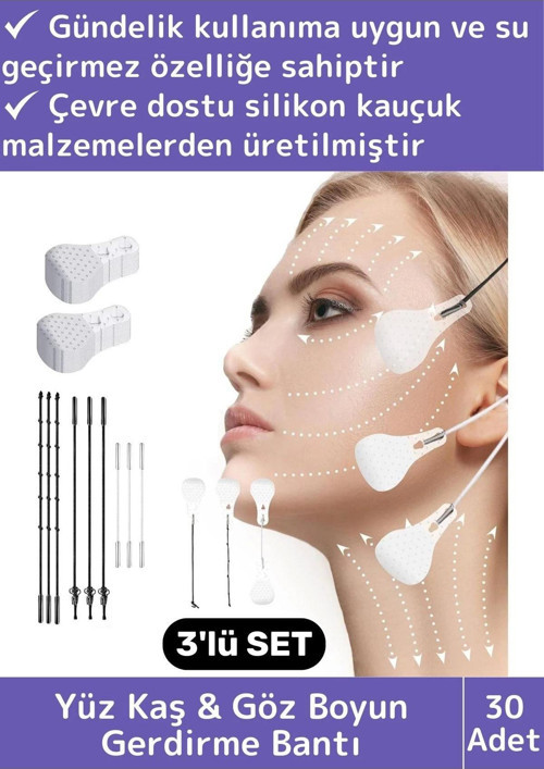 Premium Günlük Kullanım Suya Dayanıklı İpli Yüz Kaş&Göz Vücut Gıdı Gerdirme Bandı 3'lü Set 30 Adet