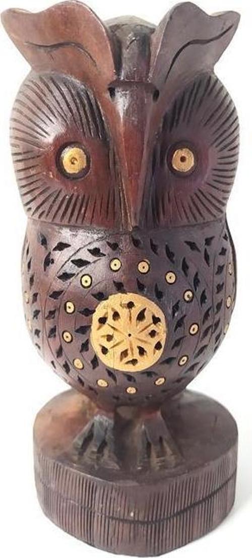 Ahşap Dekoratif El Oyması Baykuş Biblo 16 cm 