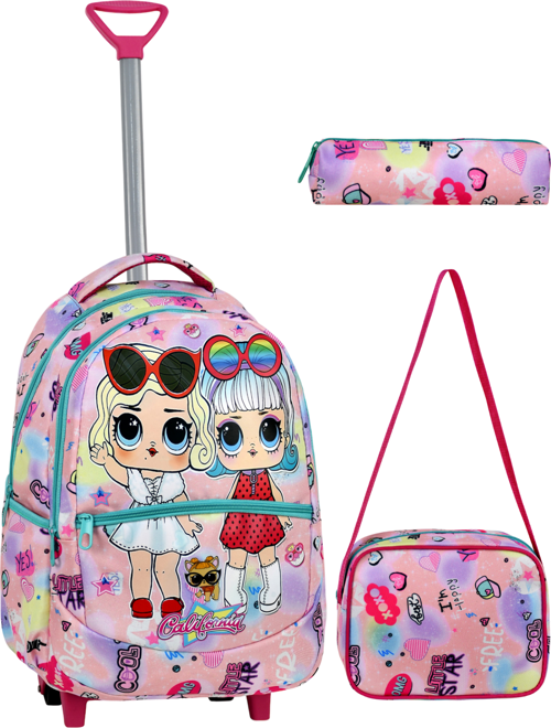 Çekçekli 3'lü Okul Seti, Renkli Desenli İlkokul Çantası + Beslenme Çantası + Kalemlik