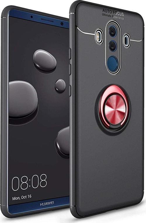Huawei Mate 10 Pro Kılıf Renkli Yüzüklü Manyetik Silikon Kapak Siyah - Kırmızı