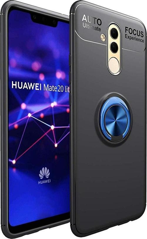 Huawei Mate 20 Lite Kılıf Renkli Yüzüklü Manyetik Silikon Kapak Siyah - Mavi