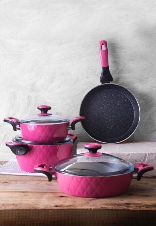 Grid 7 Parça Granit Tencere Seti Pembe
