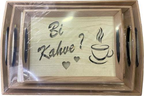 Bi Kahve Yazılı Sunumluk 3'lü Ahşap Tepsi 