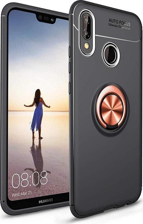 Huawei P20 Lite Kılıf Renkli Yüzüklü Manyetik Silikon Kapak Siyah - Rose gold