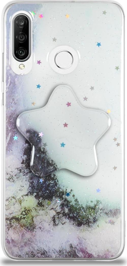 Huawei P30 Lite Kapak Mermer Desenli Pop Socketli Silikon Kılıf - Beyaz