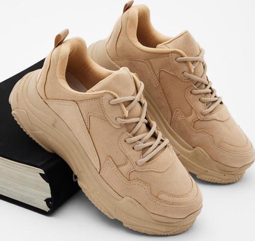 Kadın Bej Yüksek Taban Bağcıklı Spor Ayakkabı