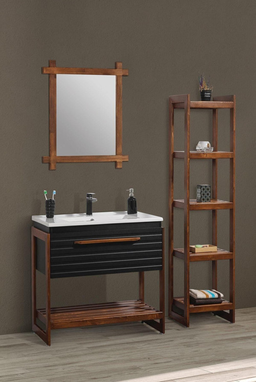Siyah West Banyo Dolabı Takım 85 Cm Masif