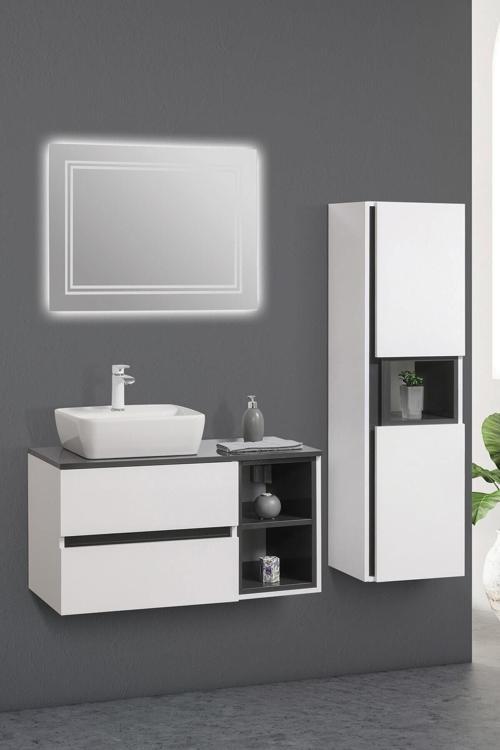 Antrasit Beyaz Lotus Banyo Dolabı Takım 90 Cm