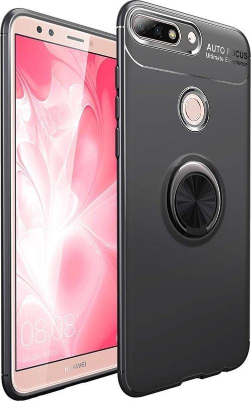 Huawei Y7 2018 Kılıf Renkli Yüzüklü Manyetik Silikon Kapak Siyah - Siyah