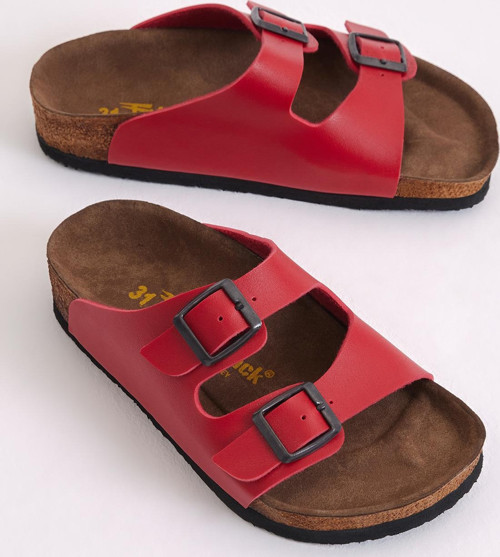 Çocuk Unisex Kırmızı Rahat Kalıp Poli Taban Çift Tokalı Nubuk Sandalet