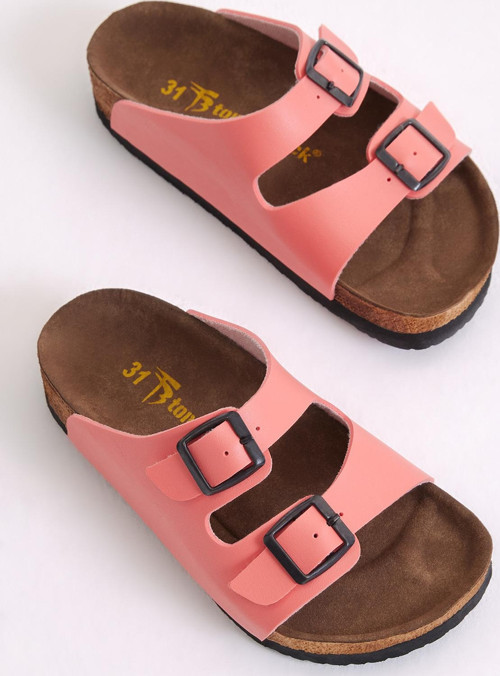 Çocuk Unisex Nar Çiçeği Rahat Kalıp Poli Taban Çift Tokalı Nubuk Sandalet