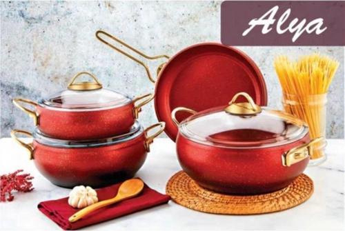 Alya 7 Prç.Granit Güveç Set Kırmızı (Gold Kulp)