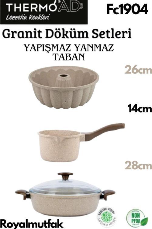 Döküm Granit Vizon Karnıyarık Tencere 28Cm+Dilimli Kek Kalıbı+ Döküm Granit Sütlük -Sosluk 1Lt.