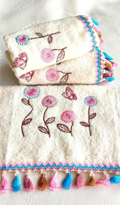 Annem Çeyizlik 50X90 Cm. Bukle Dokulu Yeni Trend Kalp Ve Çiçek Nakışlı El, Yüz Havlusu (3.Lü Set)