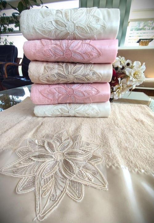 (6.Lı Set) Annem Çeyizlik 50X90 Cm. Özel Kadife Dokulu Saten Detaylı Güpürlü Lüks Havlu Seti