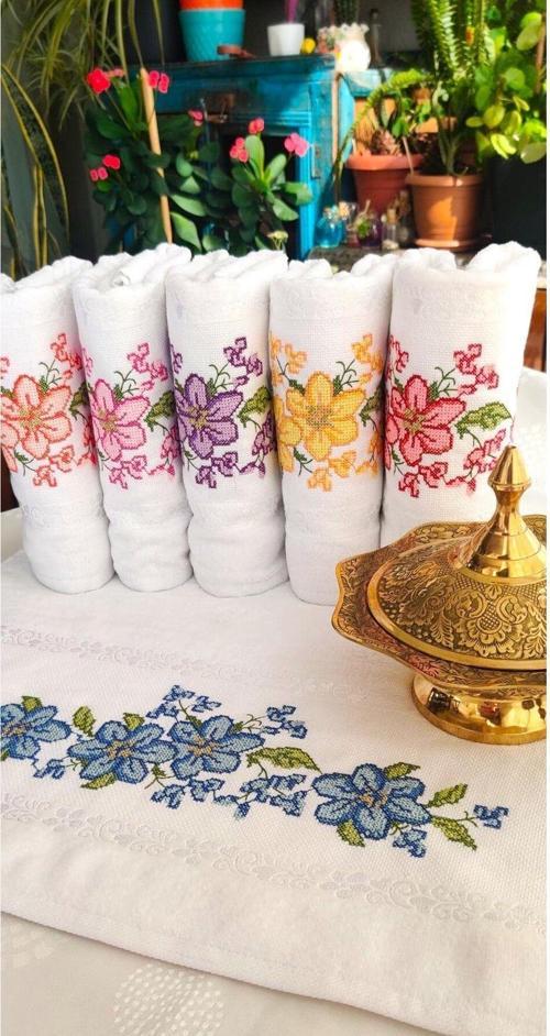 Annem 50X90 Cm. Jakarlı Kanaviçe Nakışlı Çeyizlik Lüks Havlu Seti 6'Lı