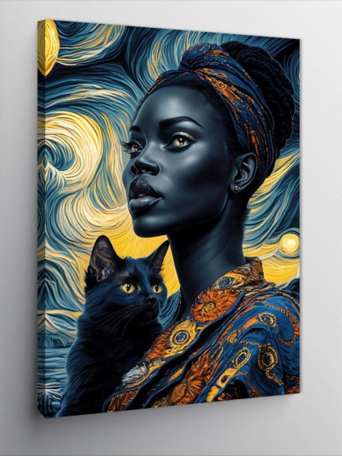 Kanvas Tablo Afrikalı Kadın Ve Siyah Kedi