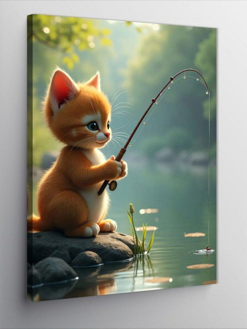 Kanvas Tablo Balık Tutan Yavru Kedi