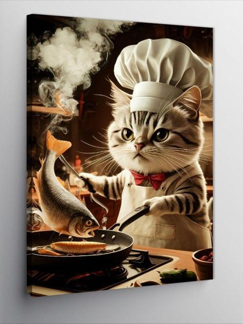 Kanvas Tablo Balık Yapan Aşçı Kedi