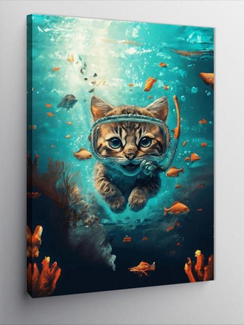 Kanvas Tablo Balıklarla Yüzen Kedi
