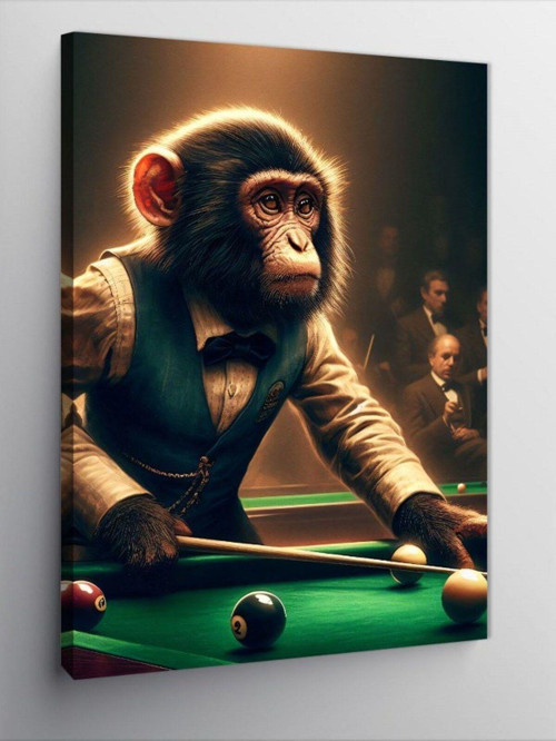 Kanvas Tablo Bilardo Oynayan Takım Elbiseli Maymun