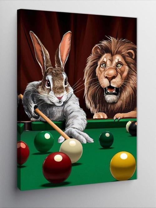 Kanvas Tablo Bilardo Oynayan Tavşan Ve Aslan