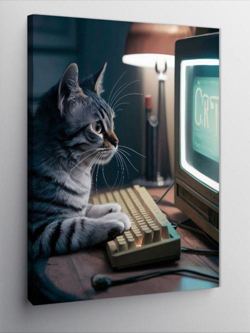 Kanvas Tablo Bilgisayar Kullanan Kedi