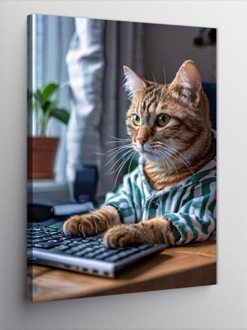 Kanvas Tablo Bilgisayar Kullanan Kedi