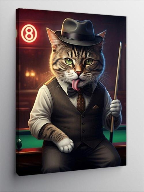 Kanvas Tablo Bilardo Oynayan Kedi
