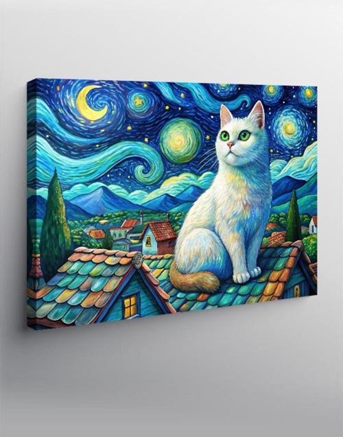 Kanvas Tablo Beyaz Kedi Ve Retro Evler