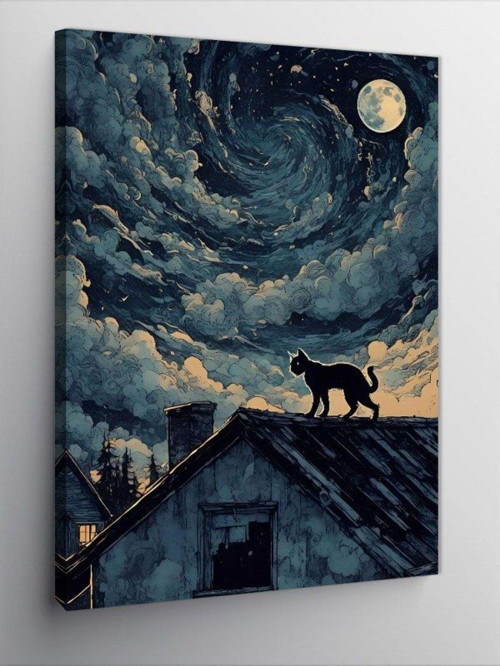 Kanvas Tablo Çatıdaki Siyah Kedi