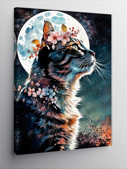 Kanvas Tablo Çiçek Şapkalı Kedi Ve Dolunay