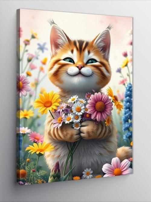 Kanvas Tablo Çiçek Tutan Kedi